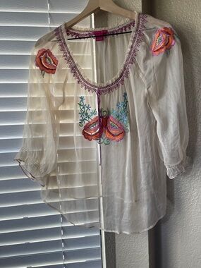 Sunny Leigh White Sheer Tunic with Pink & Orange Floral Embroidery